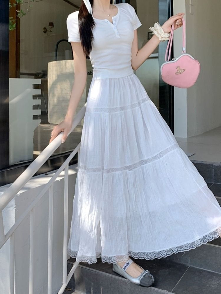 White Lace Splicing Skirt