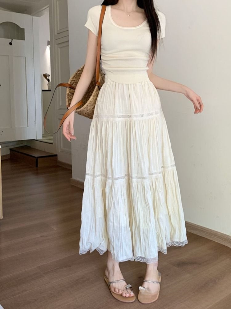White Lace Splicing Skirt