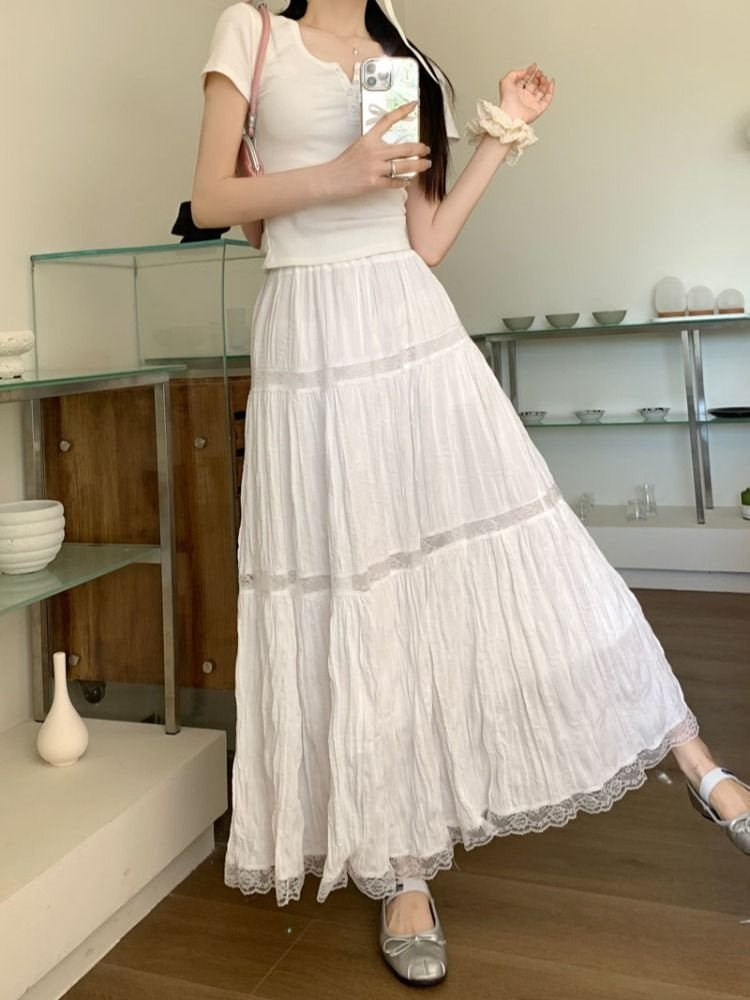 White Lace Splicing Skirt