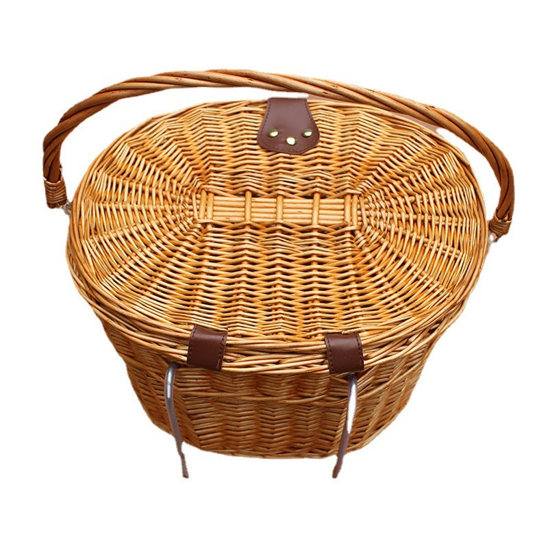Wicker bicycle basket with handle and lid