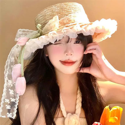 Wide Brim Straw Sun Hat with Floral Decoration