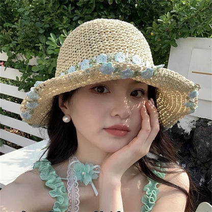 Wide Brim Straw Sun Hat with Floral Decoration