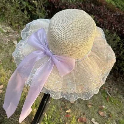 Wide Brim Straw Sun Hat with Floral Decoration