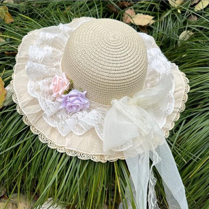 Wide Brim Straw Sun Hat with Floral Decoration