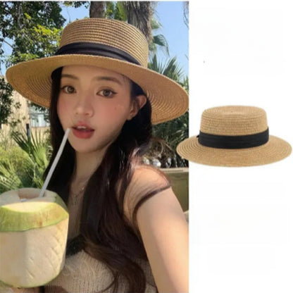 Wide Brim Straw Sun Hat with Floral Decoration