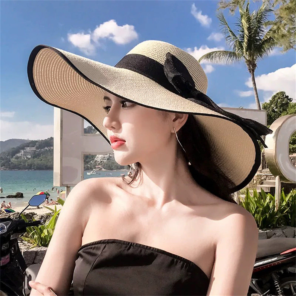 Wide Brim Straw Sun Hat with Floral Decoration