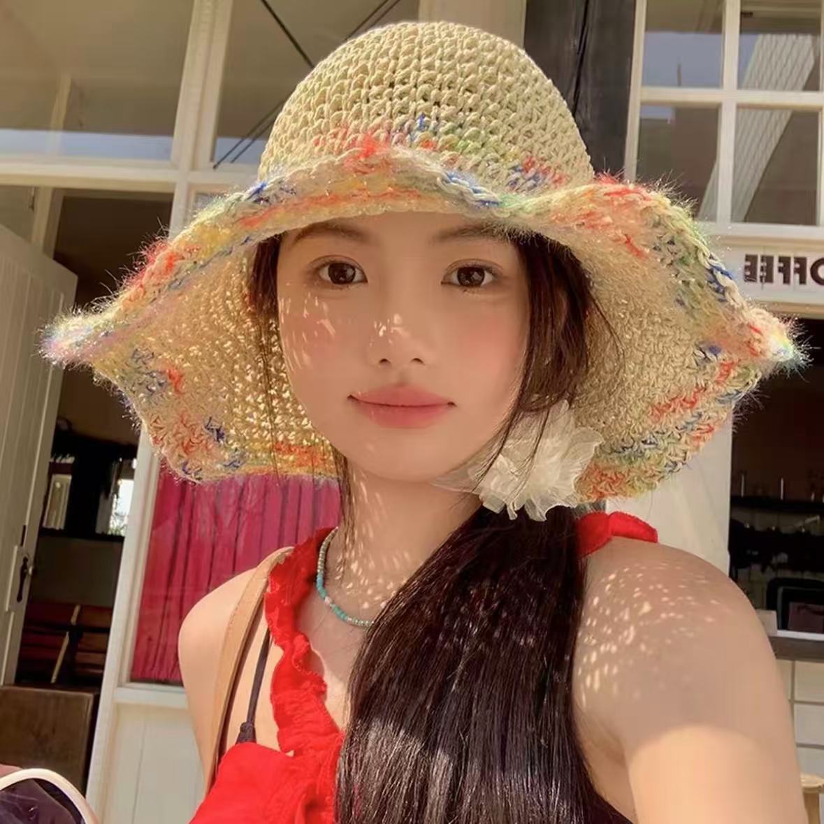 Wide Brim Straw Sun Hat with Floral Decoration