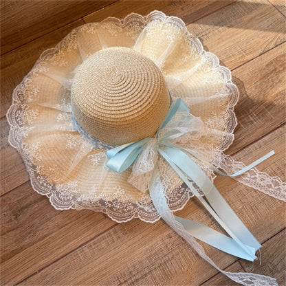 Wide Brim Straw Sun Hat with Floral Decoration