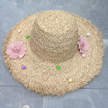 Wide Brim Straw Sun Hat with Floral Decoration