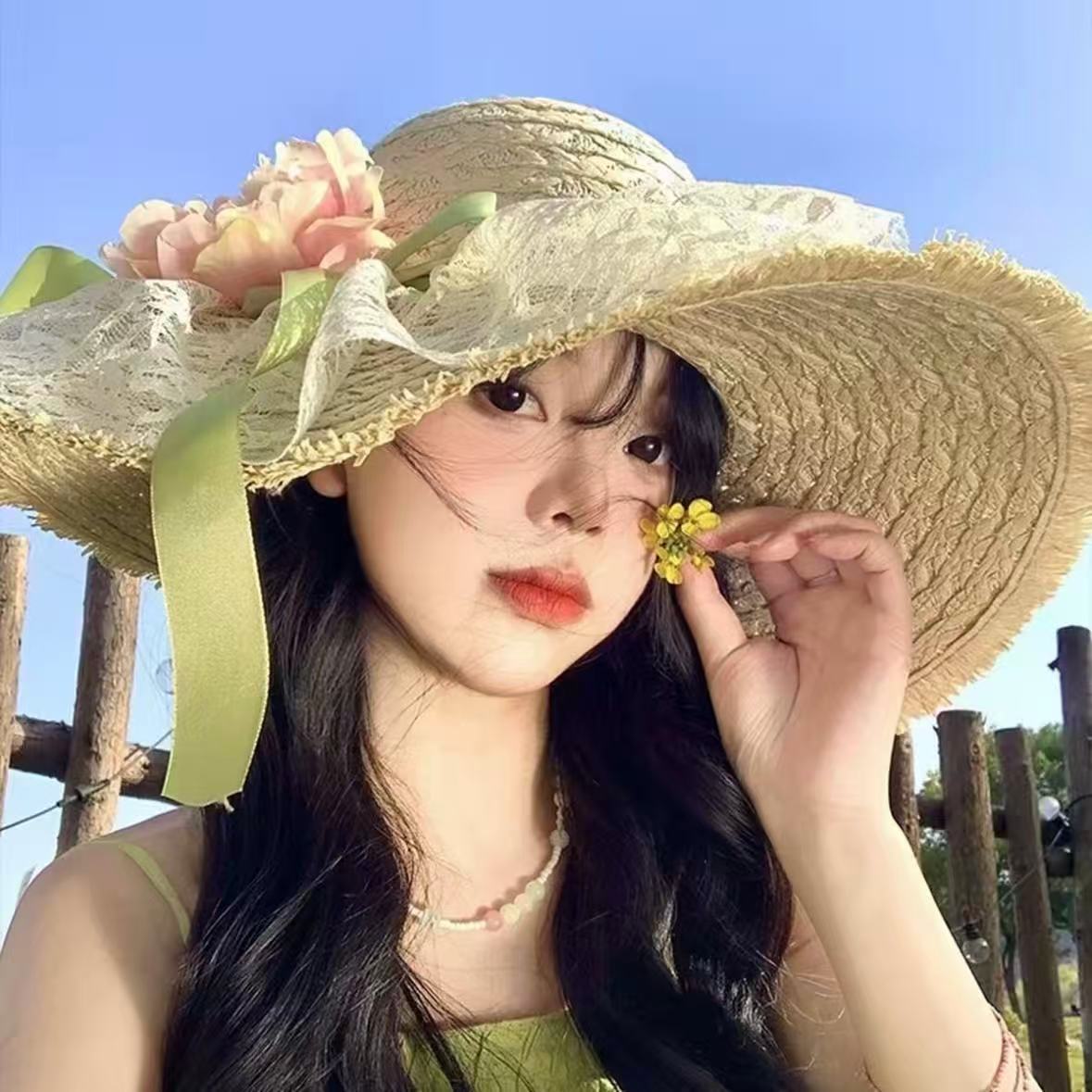 Wide Brim Straw Sun Hat with Floral Decoration