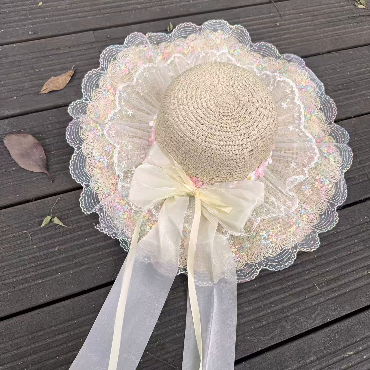 Wide Brim Straw Sun Hat with Floral Decoration