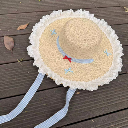 Wide Brim Straw Sun Hat with Floral Decoration