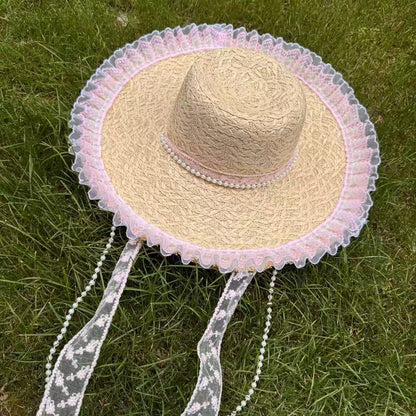Wide Brim Straw Sun Hat with Floral Decoration