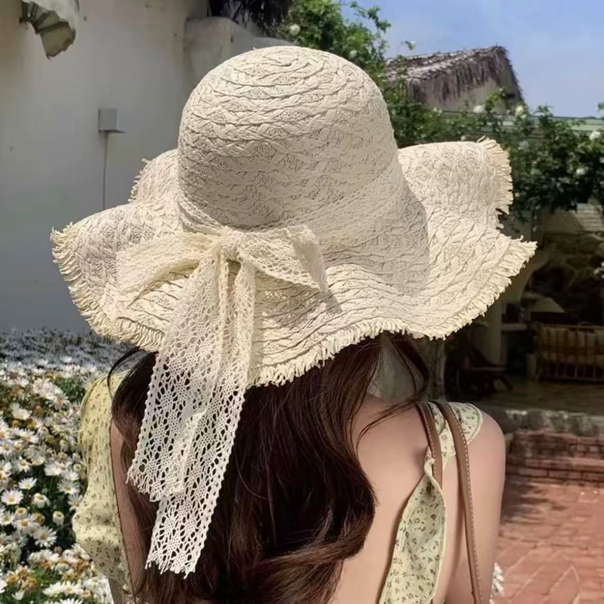 Wide Brim Straw Sun Hat with Floral Decoration
