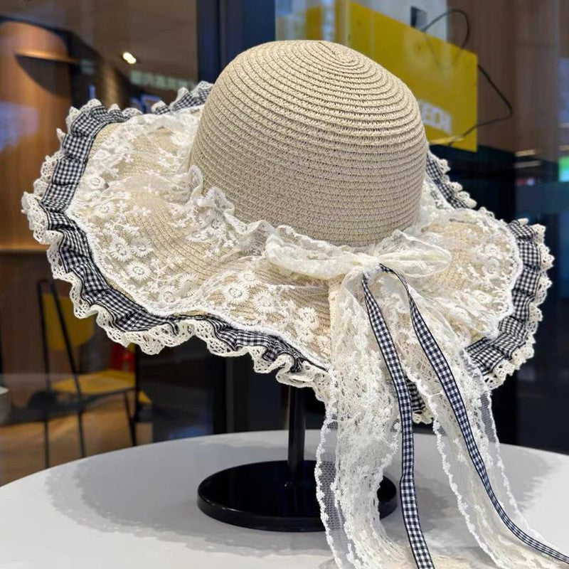 Wide Brim Straw Sun Hat with Floral Decoration