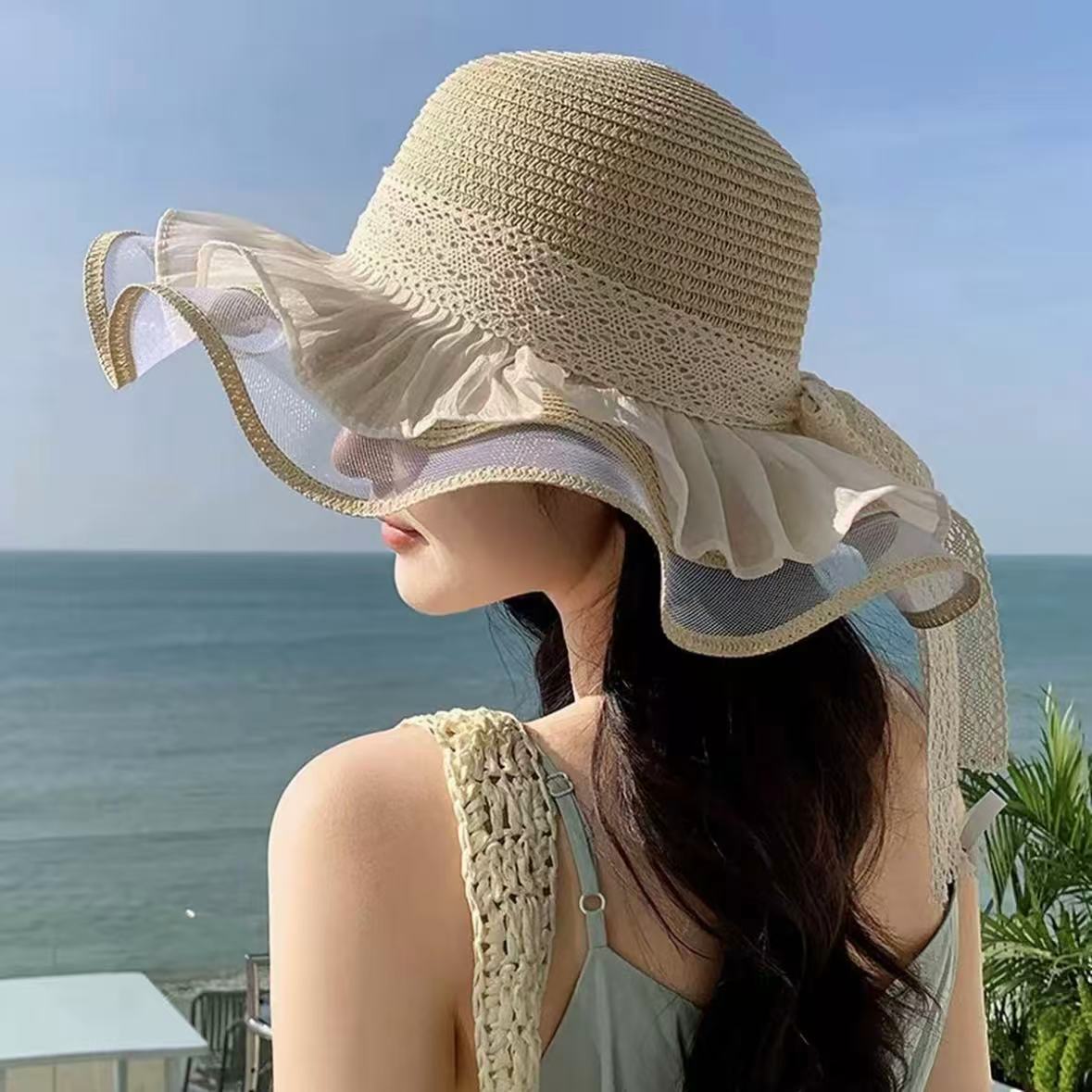 Wide Brim Straw Sun Hat with Floral Decoration