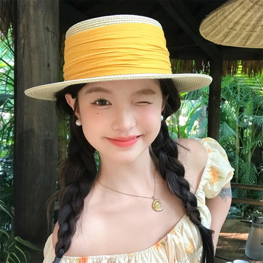 Wide Brim Straw Sun Hat with Floral Decoration