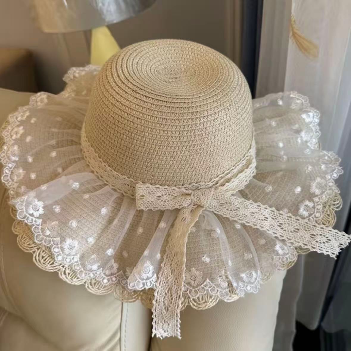 Wide Brim Straw Sun Hat with Floral Decoration