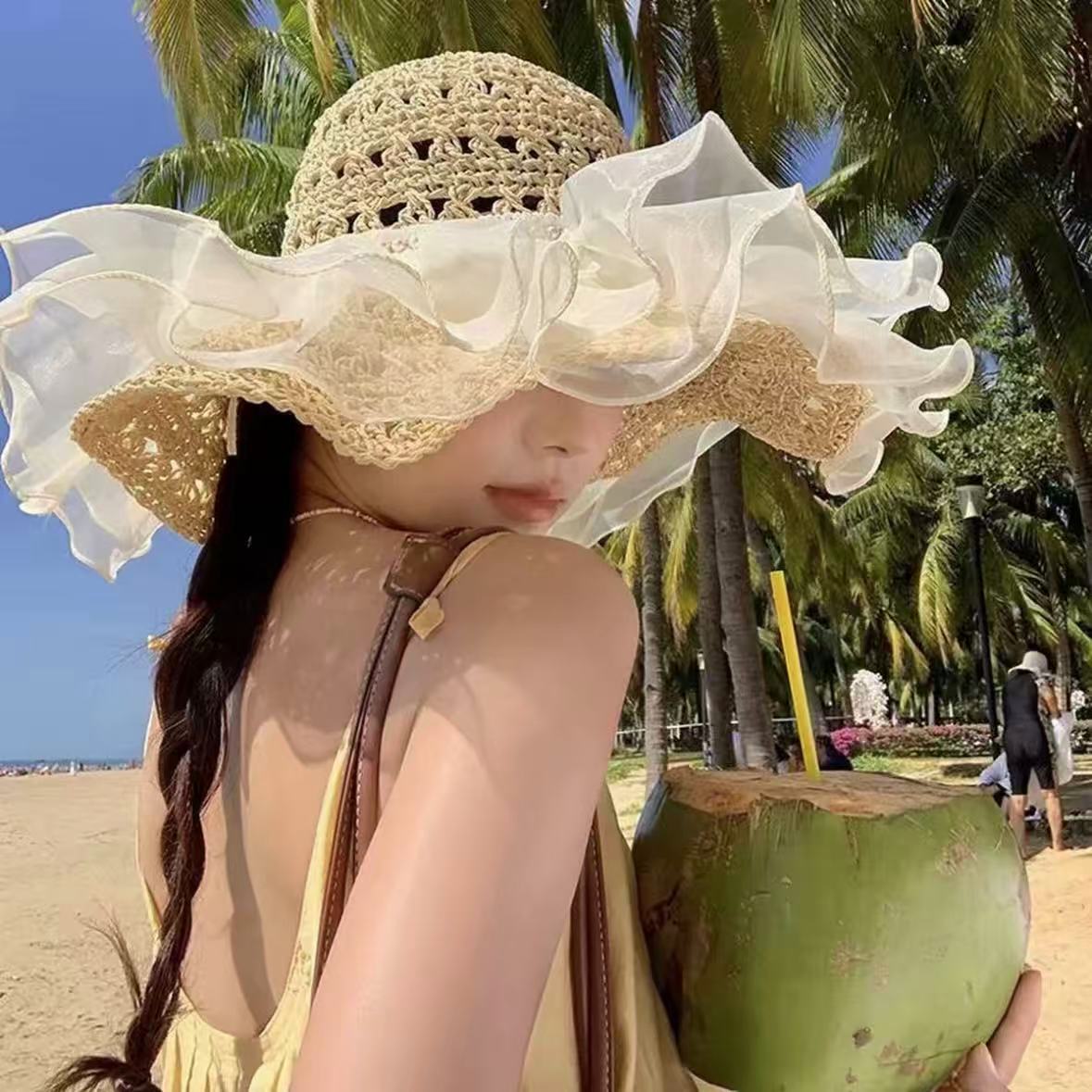 Wide Brim Straw Sun Hat with Floral Decoration