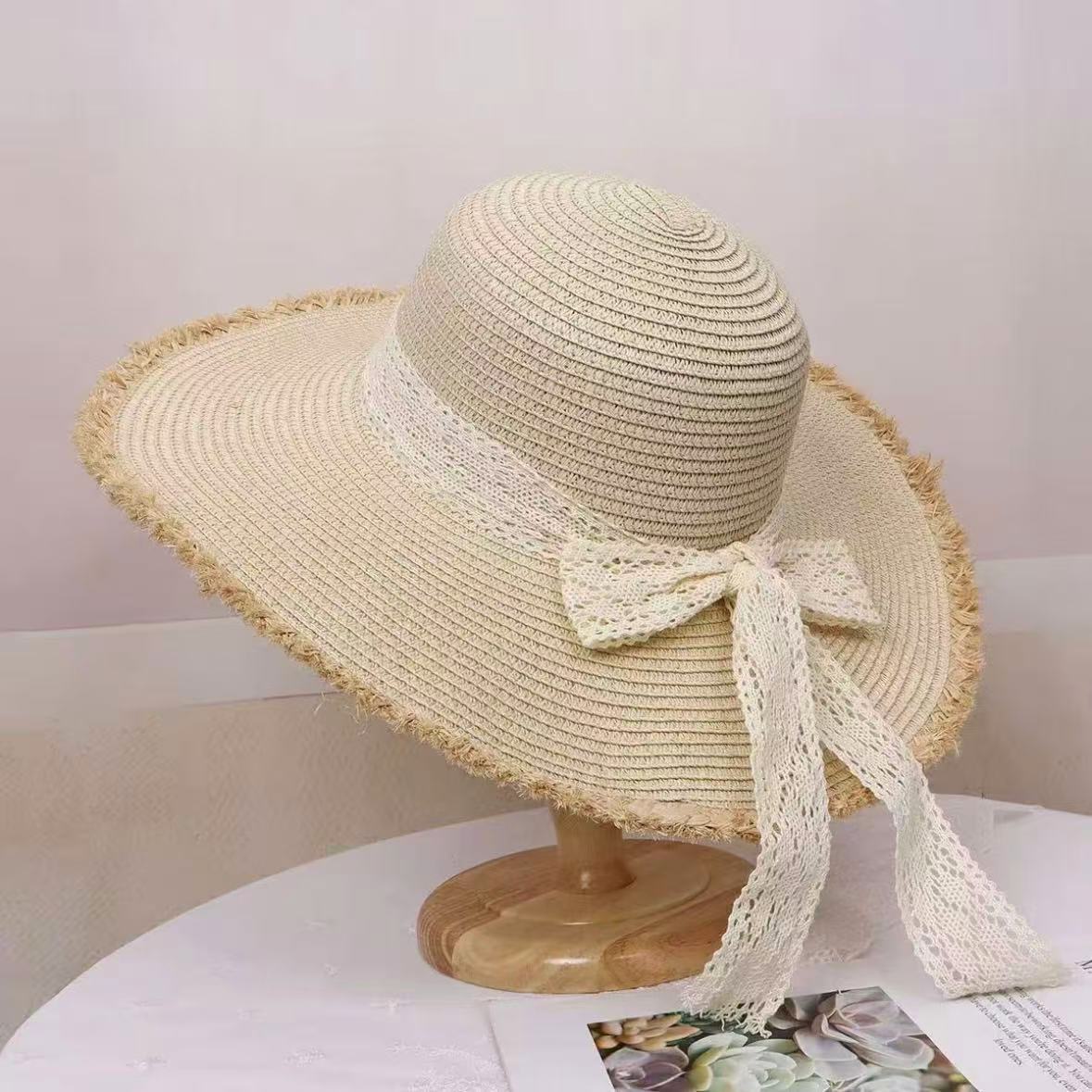 Wide Brim Straw Sun Hat with Floral Decoration