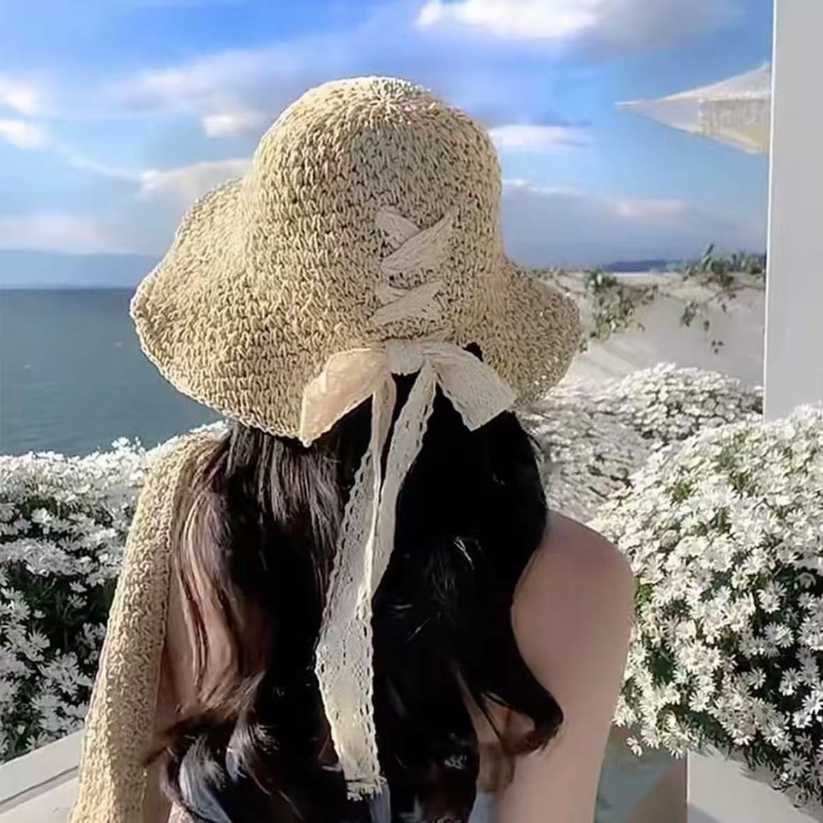 Wide Brim Straw Sun Hat with Floral Decoration