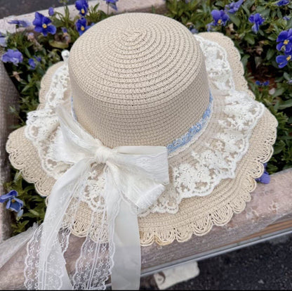Wide Brim Straw Sun Hat with Floral Trim