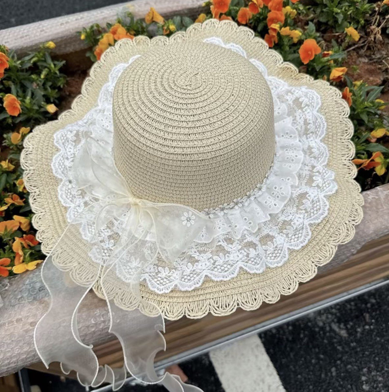 Wide Brim Straw Sun Hat with Floral Trim