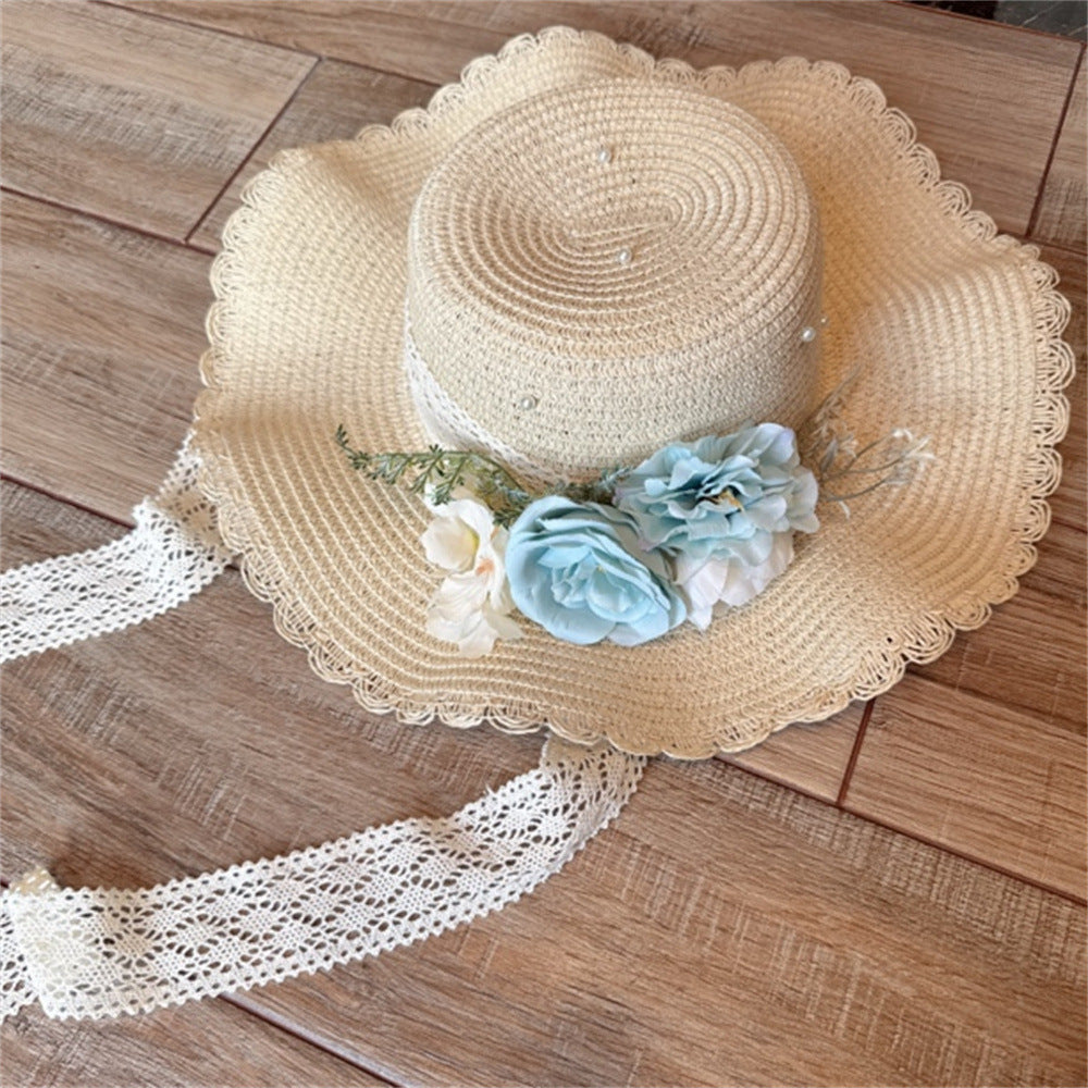 Wide Brim Straw Sun Hat with Floral Trim