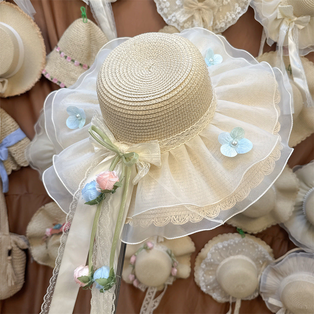 Wide Brim Straw Sun Hat with Floral Trim