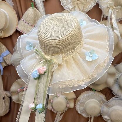 Wide Brim Straw Sun Hat with Floral Trim
