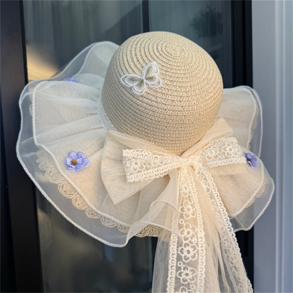 Wide Brim Straw Sun Hat with Floral Trim