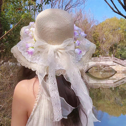 Wide Brim Straw Sun Hat with Floral Trim