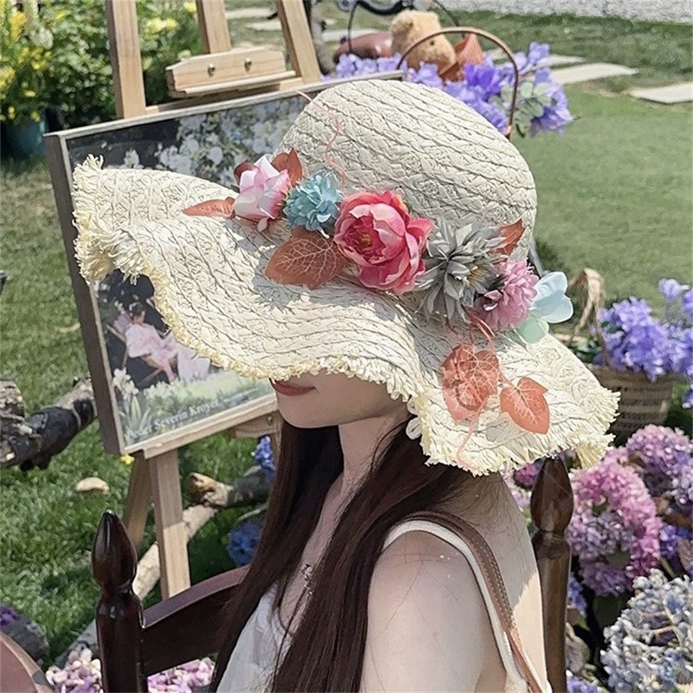 Wide Brim Straw Sun Hat with Floral Trim