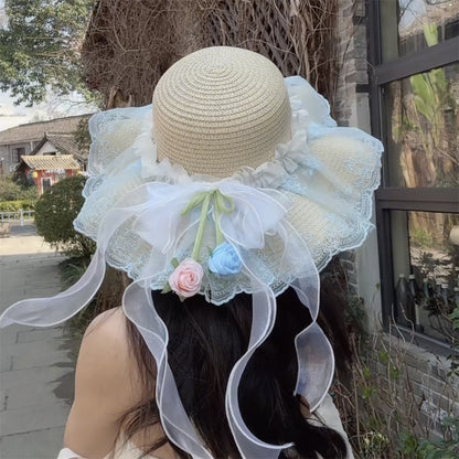 Wide Brim Straw Sun Hat with Floral Trim