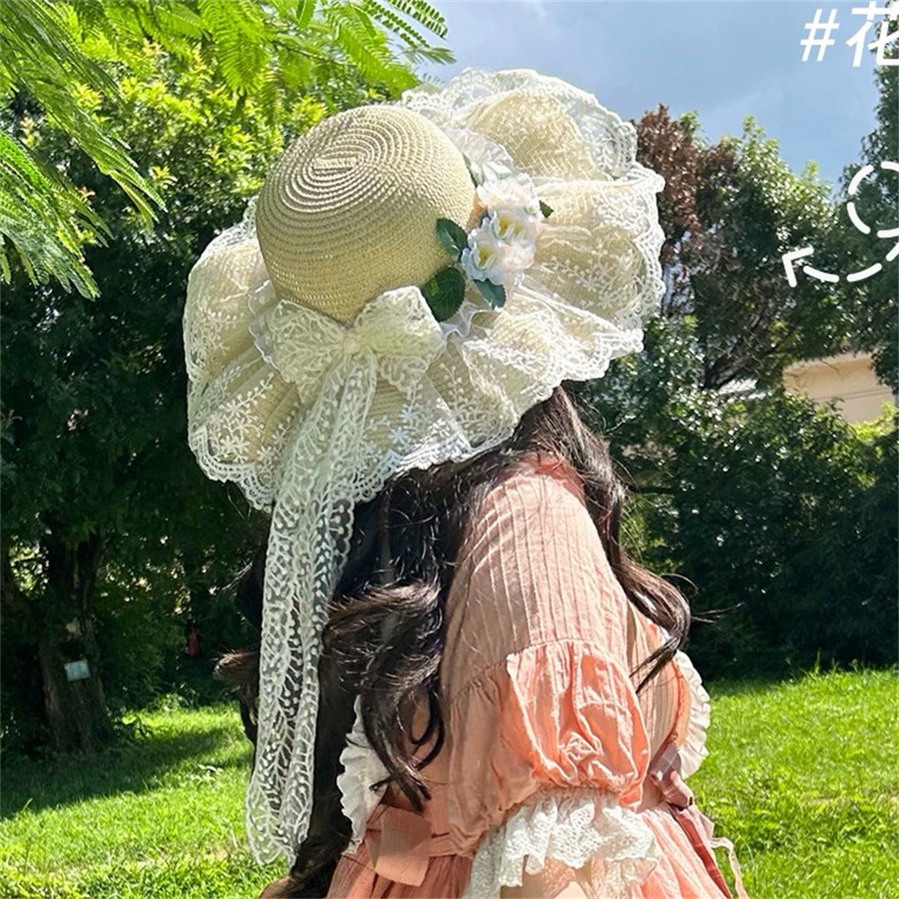 Wide Brim Straw Sun Hat with Floral Trim