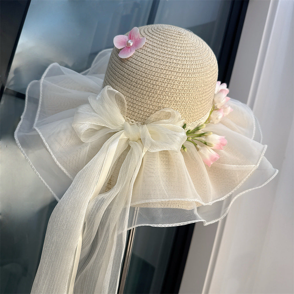 Wide Brim Straw Sun Hat with Floral Trim