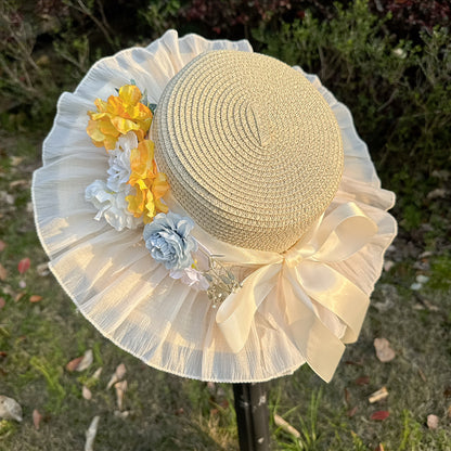 Wide Brim Straw Sun Hat with Floral Trim