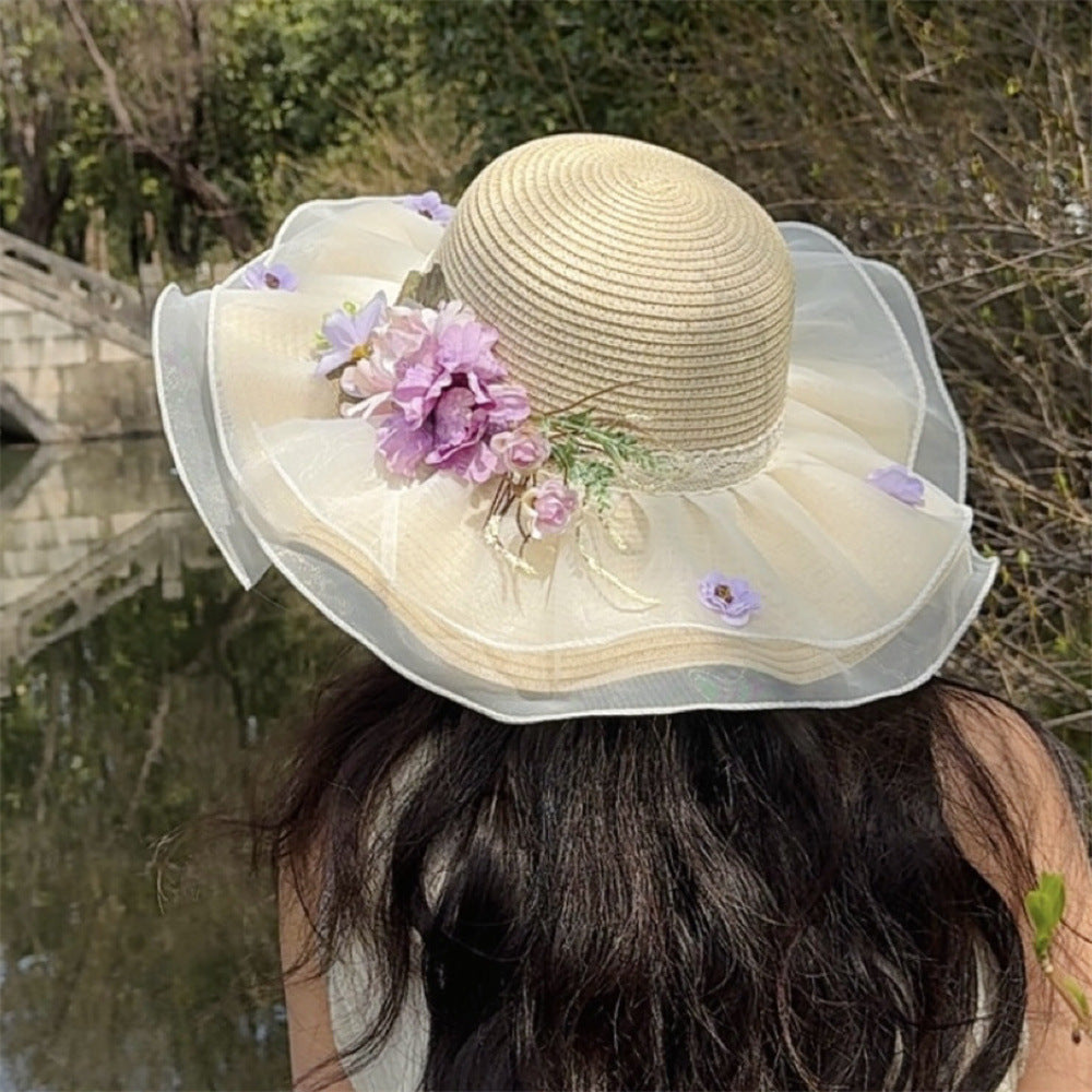 Wide Brim Straw Sun Hat with Floral Trim