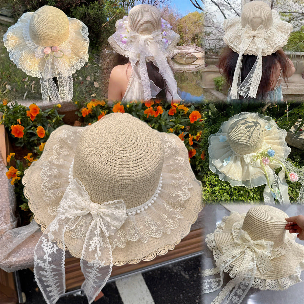 Wide Brim Straw Sun Hat with Floral Trim