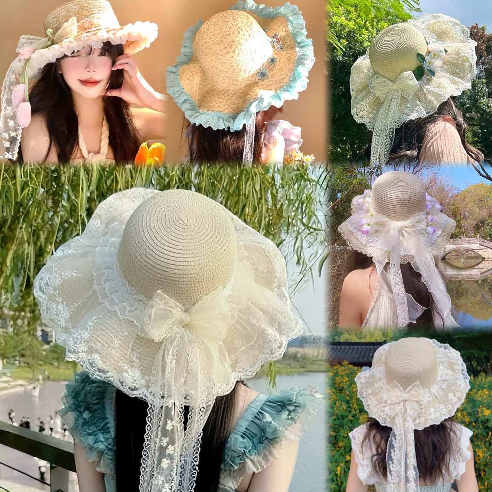 Wide Brim Straw Sun Hat with Floral Trim
