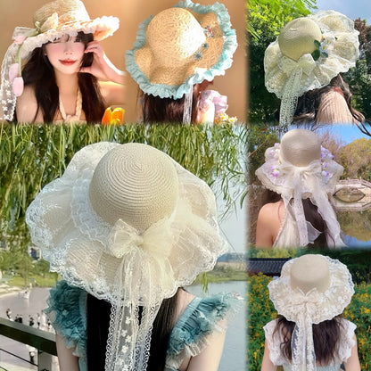 Wide Brim Straw Sun Hat with Floral Trim