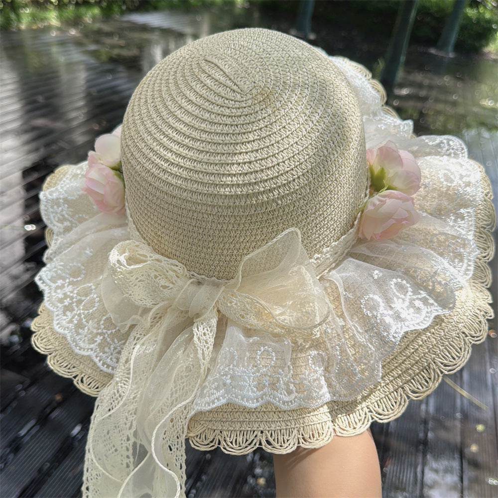 Wide Brim Straw Sun Hat with Floral Trim