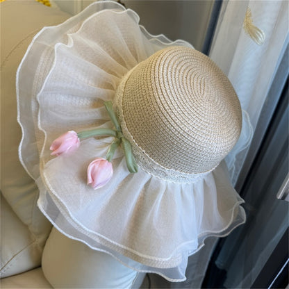 Wide Brim Straw Sun Hat with Floral Trim