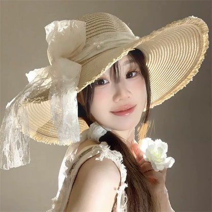 Wide Brim Straw Sun Hat with Floral Trim