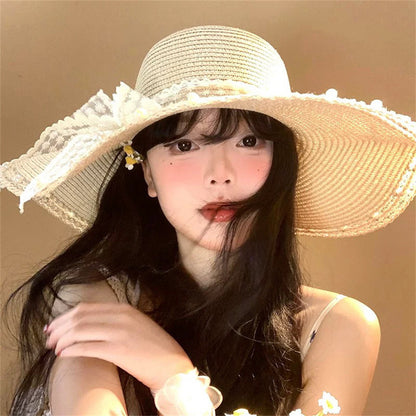 Wide Brim Straw Sun Hat with Floral Trim