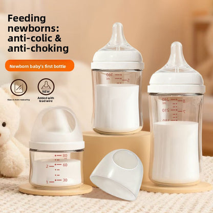 Wide Caliber Glass Baby Feeding Bottle with Anti-Choking Nipple