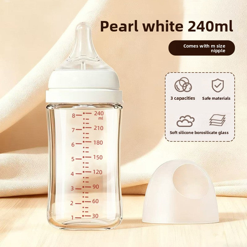 Wide Caliber Glass Baby Feeding Bottle with Anti-Choking Nipple