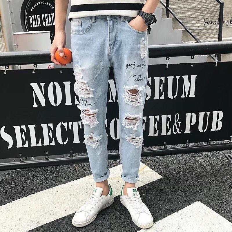 Wide-hole jeans men's nine-inch pants