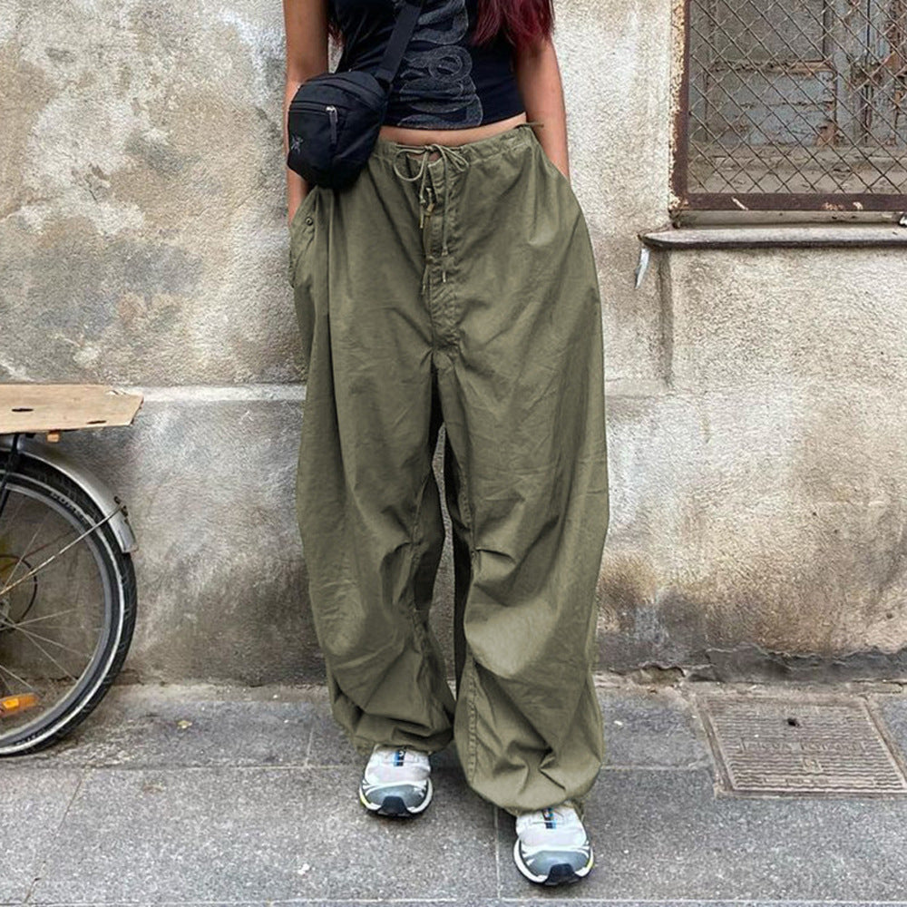 Wide-mouth drawstring cargo pants for woman