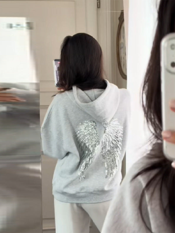 Wing-patterned hooded sweatshirt